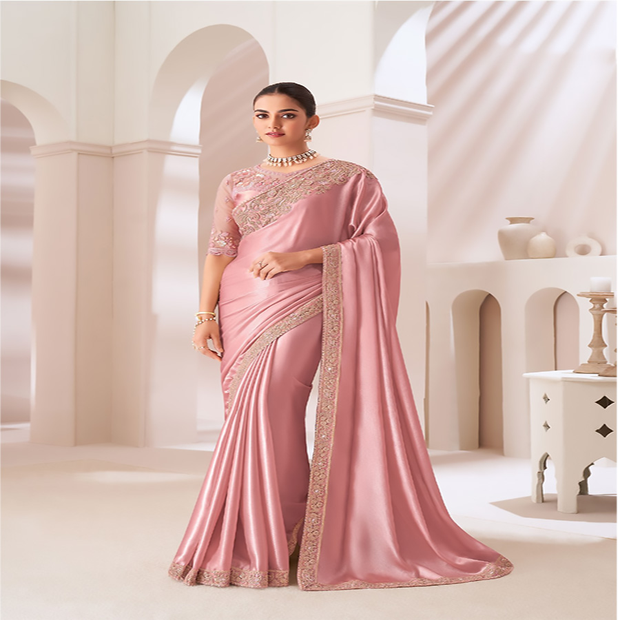 Light pink Sartin silk Partywear Saree